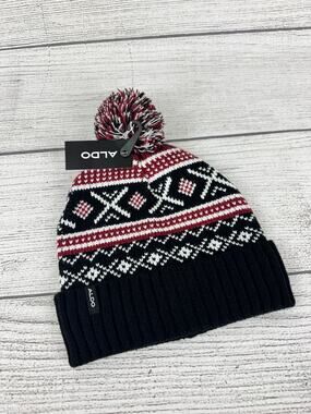 Aldo Men's Dark Red & Black Pom Pom Knit Beanie